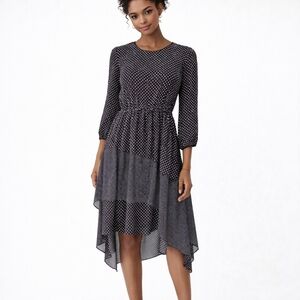 DKNY Black White Polka Dot Hanky Hem Dress Elegant Business Chic Size Small